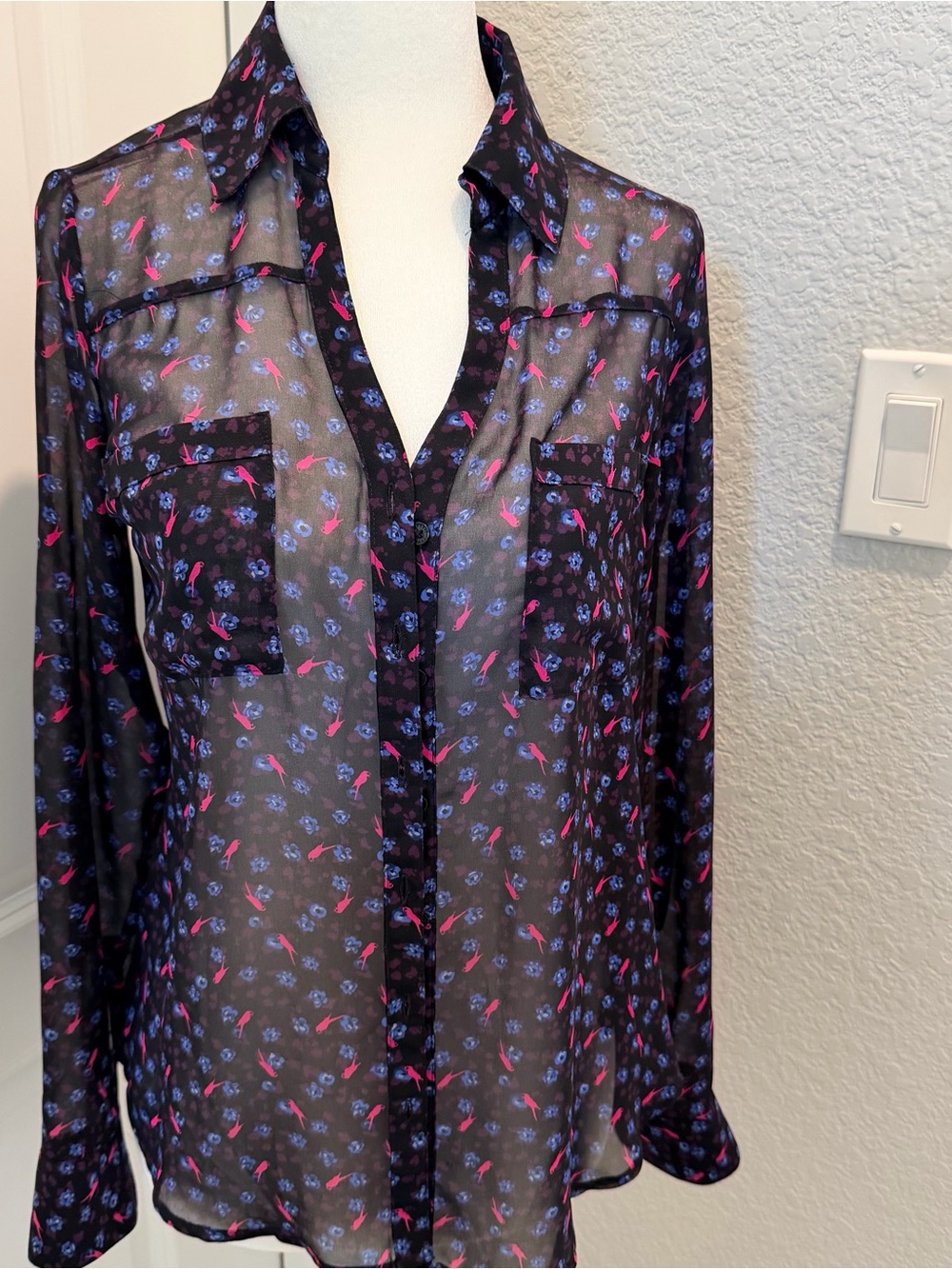 Express Sheer Black Button-Down Shirt with Blue flowers & Pink bird Print